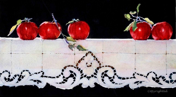 Click here to view Apples and Old Linen Cutwork Cloth by Sandy Lynn Wisecup